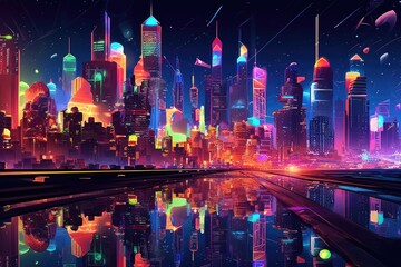 Fototapeta na wymiar futuristic glowing neon cityscape at night, created with generative ai