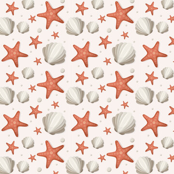 Marine seamless pattern. Starfish and shell, pearls. Sea dwellers. Vector illustration.