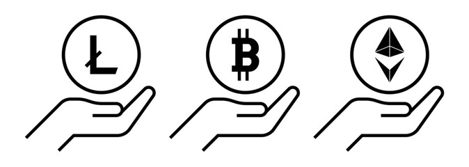  Icon hand with crypto currency,  money concept,  coin design element isolated on white background
