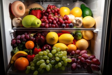 refrigerator or freezer filled with colorful fruits and vegetables, created with generative ai