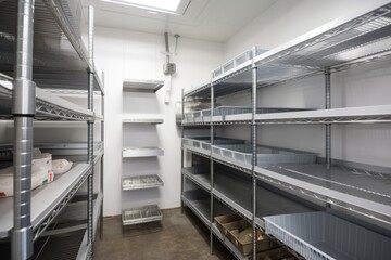 walk-in fridge with shelves, bins and baskets for storing food items, created with generative ai