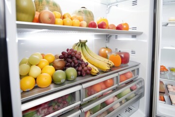 walk-in refrigerator filled with plump, juicy fruits and vegetables, created with generative ai