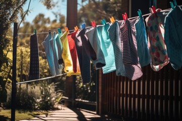 a colorful mix of socks, shirts, and shorts drying in the sun, created with generative ai