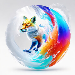 Ice Sculptures The swoosh of colors and white fox 
 Liquid color. Ai generative