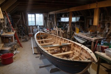 Fototapeta premium a wooden boat being built in a workshop, with tools and materials nearby, created with generative ai