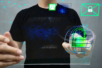 Asian man scanning fingerprints for digital encryption Unlock system will send unlock notification...