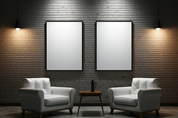 Empty frame mockup in a room with decorative spotlight lighting and a sofa