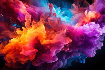 Fototapeta premium Multicolored abstract smoke with fire on black background, AI Generated