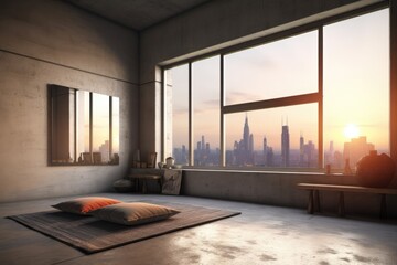 minimal room with a large window and cityscape view, created with generative ai
