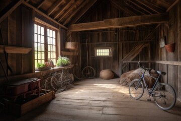 rustic barn with bike and helmet on the floor, ready for adventure, created with generative ai