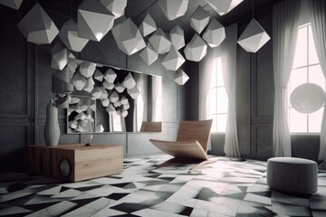 geometric shapes floating in a monochrome room, created with generative ai