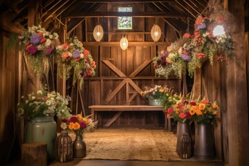 decorative barn with hanging lanterns, bouquets of flowers and rustic accents, created with generative ai