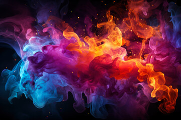 Fototapeta premium Multicolored abstract smoke with fire on black background, AI Generated