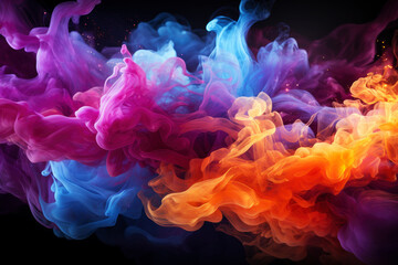 Fototapeta premium Multicolored abstract smoke with fire on black background, AI Generated