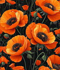 Vibrant orange poppy flowers on a black background, seamless pattern texture. Generative AI
