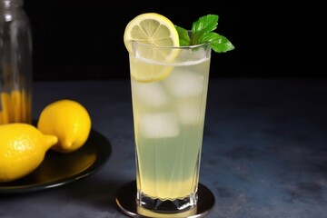 refreshing ice-cold glass of lemonade, garnished with slice of lemon and sprig of mint, created with generative ai