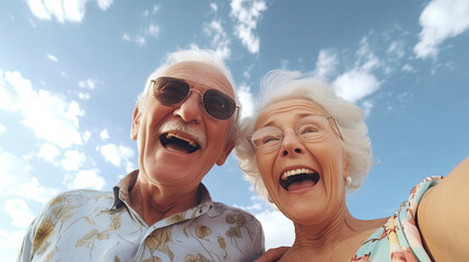 Active seniors taking selfies of them having fun outside blue sky on background