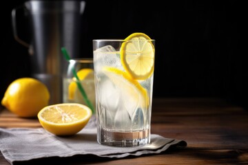 Fototapeta premium refreshing glass of summer lemonade, with a slice of lemon and plenty of ice, created with generative ai