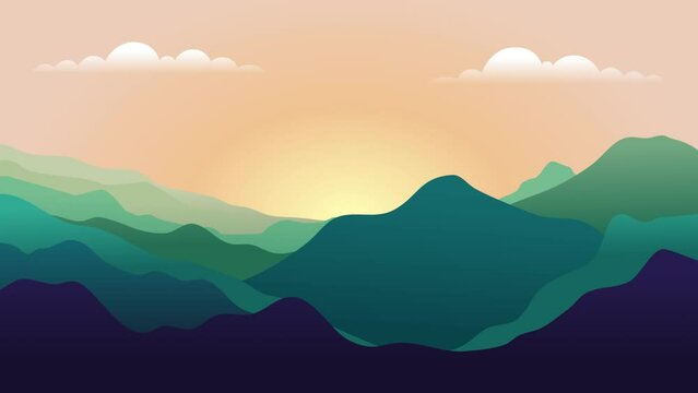 Animated landscape background. Green landscape with mountains and hills. Flat animation, parallax. Footage.