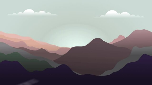 Animated landscape background. Sunset evening landscape with mountains and hills. Flat animation, parallax. Footage
