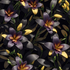 Seamless pattern with black lily flowers illustration in 3d realistic style design. Generative AI