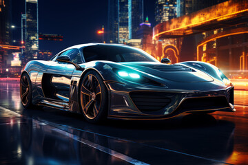 Futuristic sports super car concept on the background of the night city, street racing on expensive exclusive luxury auto, AI Generated © staras