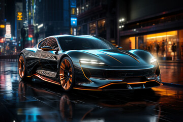Futuristic sports super car concept on the background of the night city, street racing on expensive exclusive luxury auto, AI Generated © staras