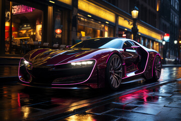 Futuristic sports super car concept on the background of the night city, street racing on expensive exclusive luxury auto, AI Generated © staras