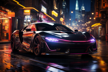 Futuristic sports super car concept on the background of the night city, street racing on expensive exclusive luxury auto, AI Generated © staras