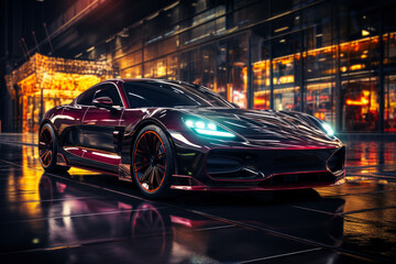 Futuristic sports super car concept on the background of the night city, street racing on expensive exclusive luxury auto, AI Generated © staras