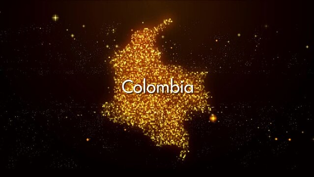 Abstract Motion Reveal Golden Orange Glowing Shiny Blurry Focus Stary Sparks Dots Mosaic Particles Colombia Map w.o. Label Text
