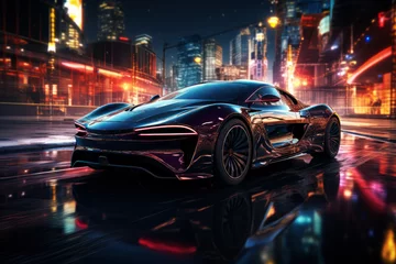 Futuristic sports super car concept on the background of the night city, street racing on expensive exclusive luxury auto, AI Generated © staras