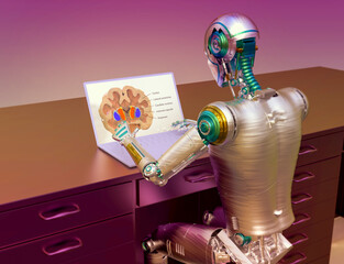 A 3D illustration depicting a humanoid robot working with a laptop, engaged in studying human brain