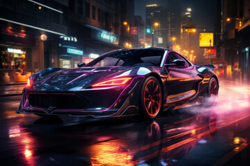 Futuristic sports super car concept on the background of the night city, street racing on expensive exclusive luxury auto, AI Generated © staras