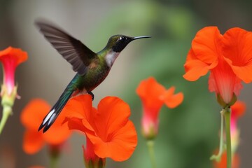Fototapeta na wymiar hummingbird, flying past blooming flower, with blurred petals in the background, created with generative ai
