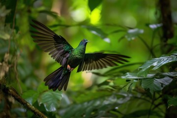 hummingbird flapping its wings, learning to fly in lush green forest, created with generative ai