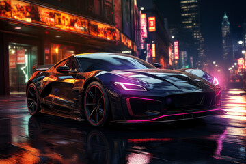 Futuristic sports super car concept on the background of the night city, street racing on expensive exclusive luxury auto, AI Generated © staras