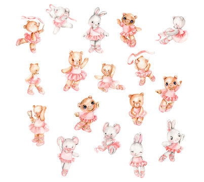 Brown bear and mouse ballerina in pink dress. Dancing mice, watercolor illustration, animal with cartoon character. Perfect for greeting card, print design, wedding invitation.