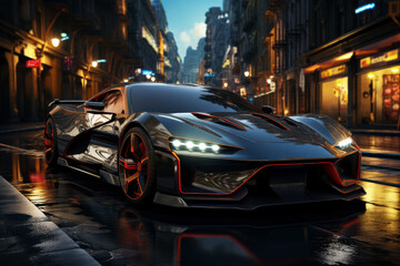 Futuristic sports super car concept on the background of the night city, street racing on expensive exclusive luxury auto, AI Generated © staras