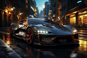 Futuristic sports super car concept on the background of the night city, street racing on expensive exclusive luxury auto, AI Generated © staras