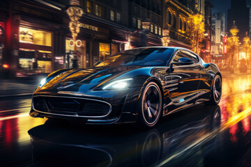 Fototapeta na wymiar Futuristic sports super car concept on the background of the night city, street racing on expensive exclusive luxury auto, AI Generated