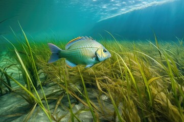 tropical fish swimming among swaying seagrass in marine environment, created with generative ai