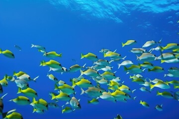 Fototapeta na wymiar tropical fish school swimming in clear blue water, created with generative ai