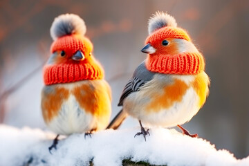 Winter card with cute two bullfinches birds in knitted hats on snowy branch on gradient winter background. Hello winter. Winter vacations or winter outdoor recreation. Wild life. Generative ai