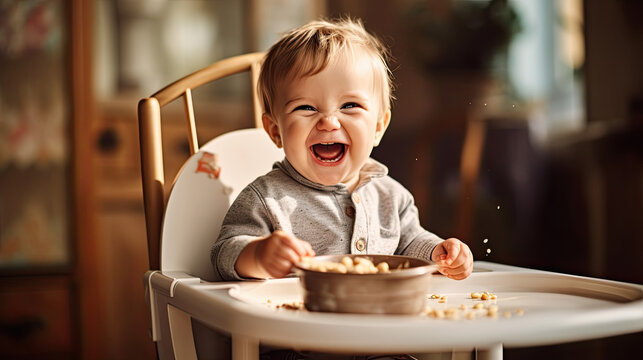 Cheerful Baby Child Eats Food Itself With Spoon. Portrait Of Happy Kid Boy In High Chair.