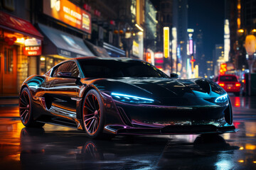 Futuristic sports super car concept on the background of the night city, street racing on expensive exclusive luxury auto, AI Generated © staras