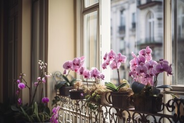 Fototapeta na wymiar delicate orchids in a window garden on a balcony, created with generative ai