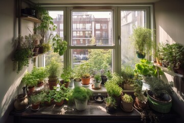 Fototapeta na wymiar window garden filled with colorful plants and herbs, created with generative ai