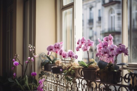 delicate orchids in a window garden on a balcony, created with generative ai