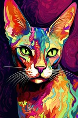 Oriental Shorthair Siamese cat psychedelic look. Generative AI